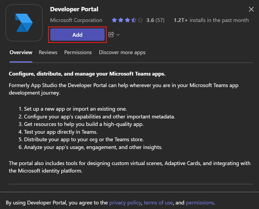 Screenshot of image showing open Developer Portal app.