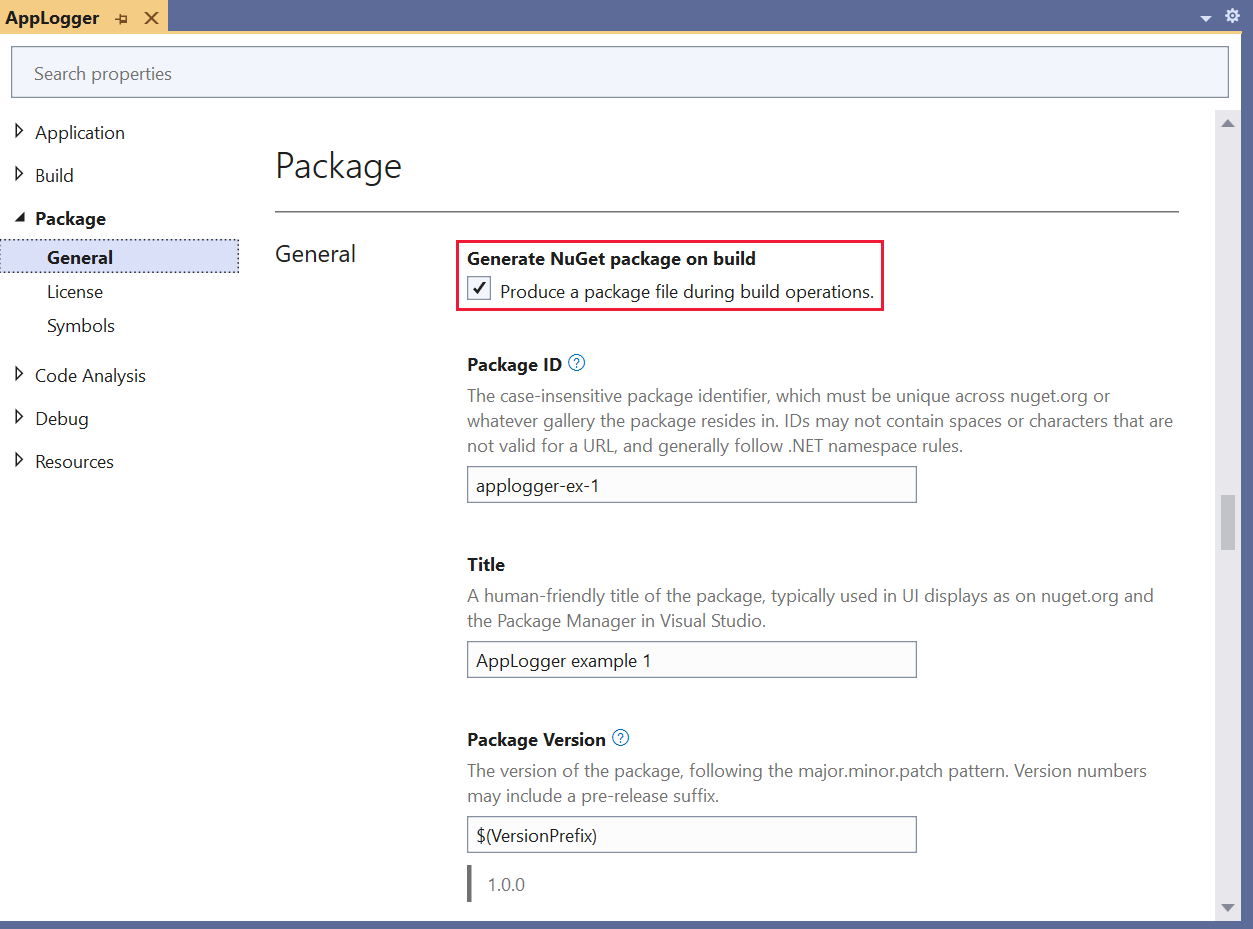 Screenshot che mostra le proprietà del pacchetto con Selezionata l'opzione di generazione del pacchetto NuGet durante la compilazione.