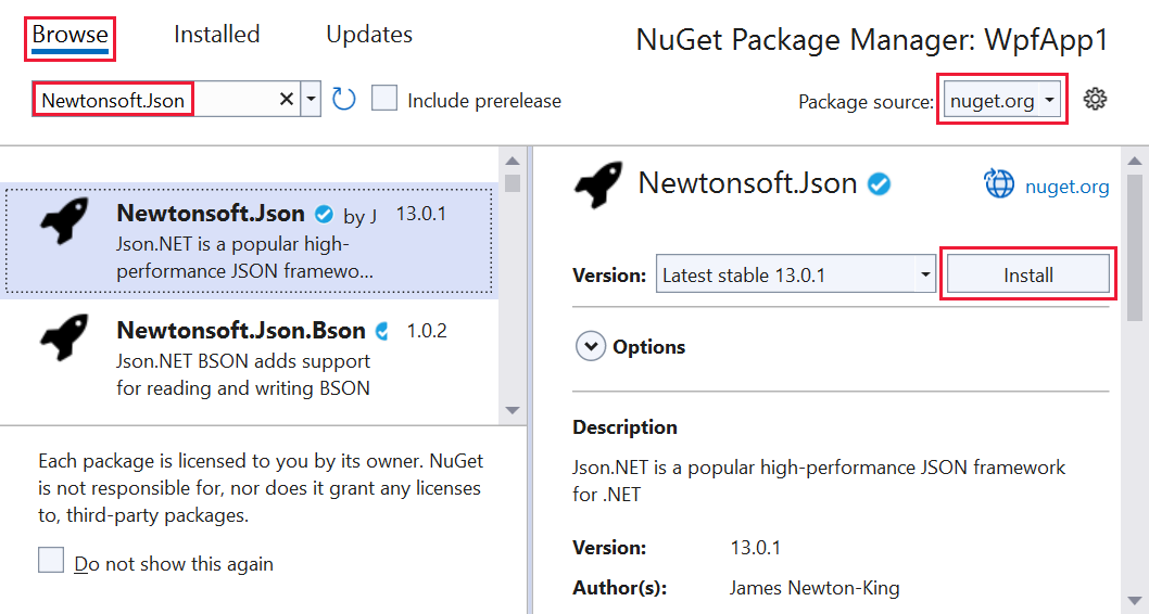 Screenshot che mostra la finestra Gestione pacchetti NuGet con il pacchetto Newtonsoft.Json selezionato.