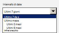 Screenshot del menu a discesa che mostra le opzioni per la selezione di un intervallo di date.