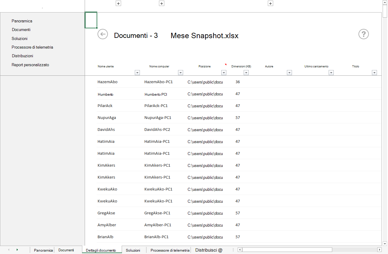 Screenshot dei dettagli del documento per tre mesi Snapshot.xlsx incluse informazioni sull'utente e sul computer.