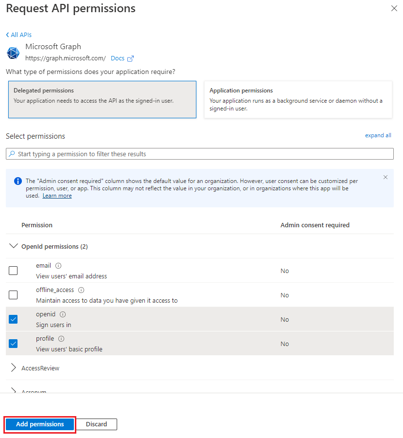 The Request API permissions pane with some permissions selected.