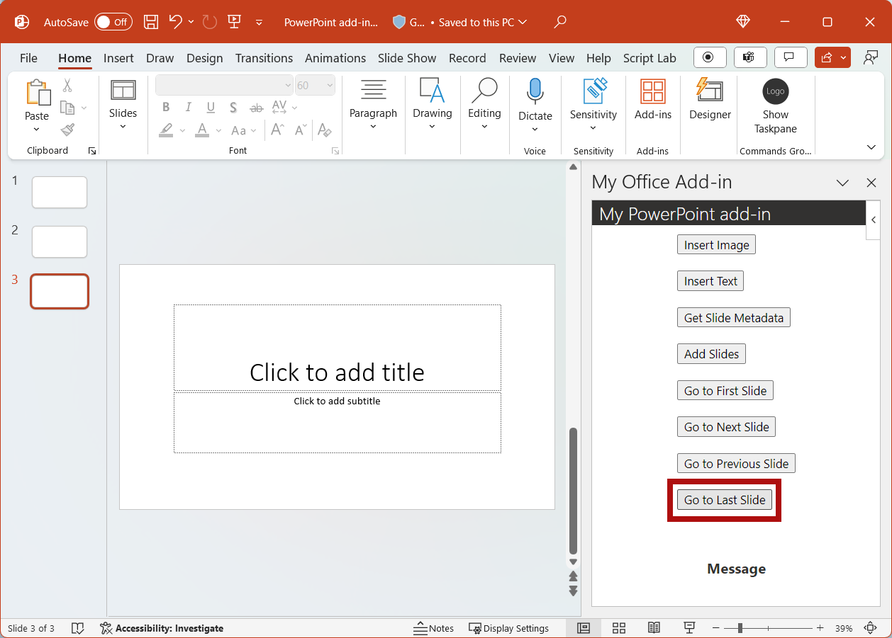 The Go to Last Slide button highlighted in the add-in.