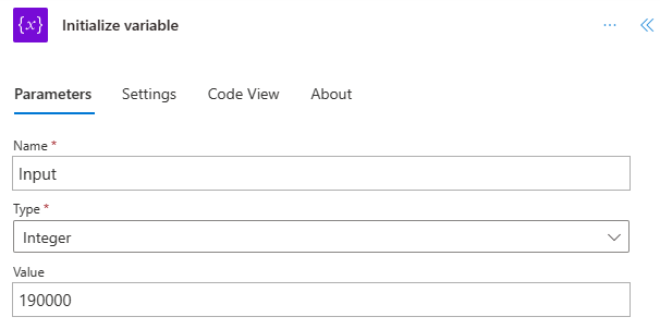 The Initialize variable action with the given values.