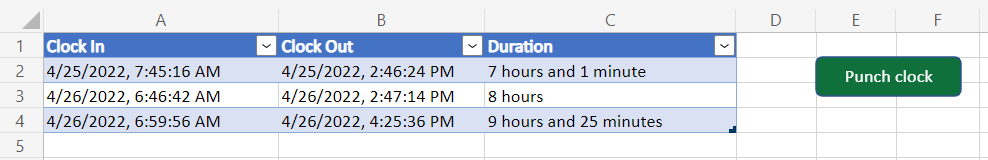 A table with three columns ('Clock In', 'Clock Out', and 'Duration') and a button labeled 'Punch clock' in the workbook.