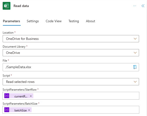 The completed 'Run script' action for the script that reads the data.