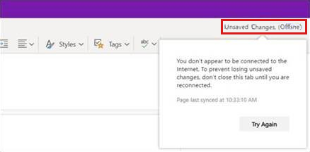 Lo screenshot mostra le modifiche non salvate (offline) in OneNote.