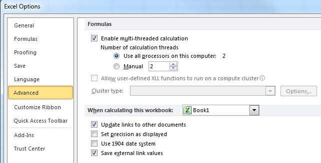 Advanced calculation options in backstage view