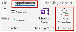 Screenshot che mostra l'opzione Invita partecipanti nella scheda Appuntamento.