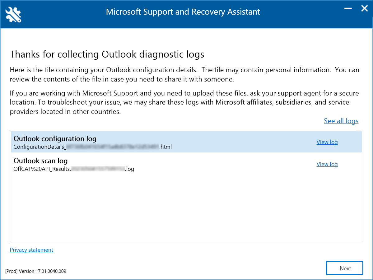 Screenshot dei log di diagnostica di Outlook