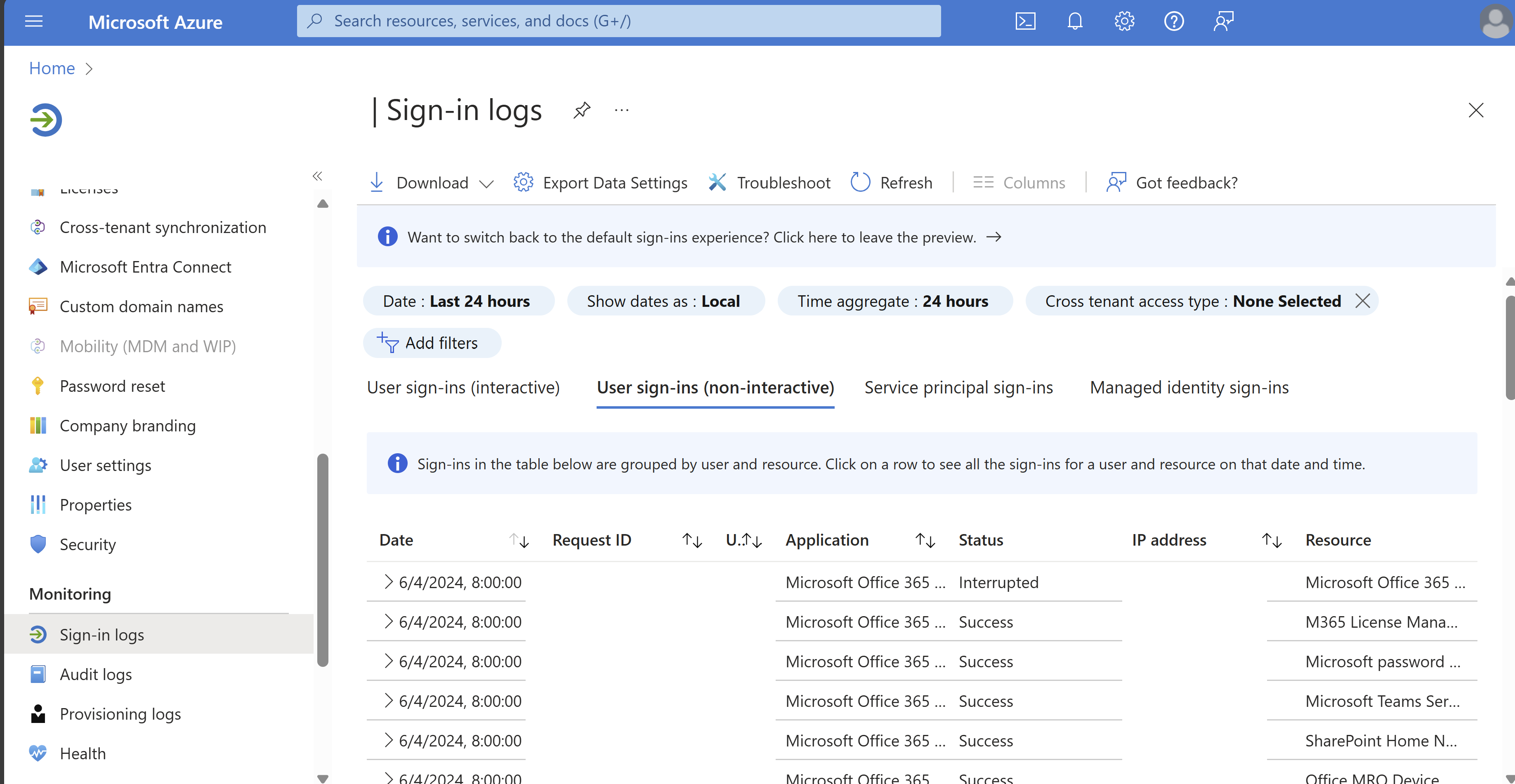 Screenshot dell'interfaccia di amministrazione di Microsoft Entra, aggiungendo un filtro Tipo di accesso multi-tenant:Provider di servizi negli accessi utente.