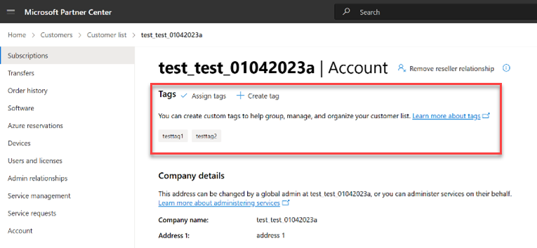 Screenshot dell'assegnazione dei tag dei clienti da una singola pagina del cliente nel Centro per i partner.