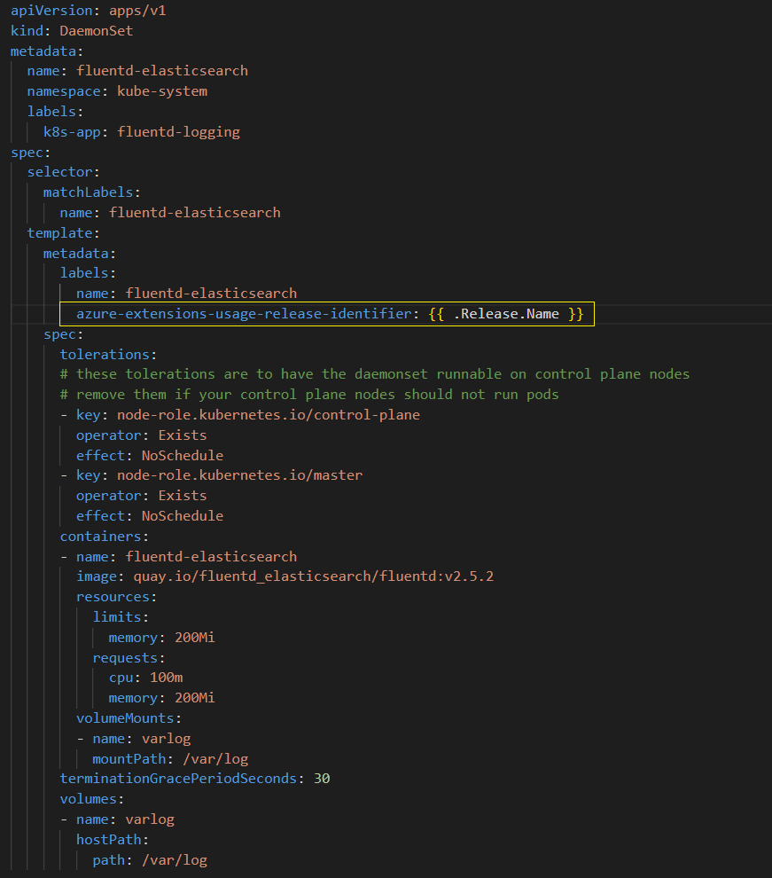 Screenshot delle richieste di risorse DELLA CPU in un file daemonsets.yaml. Il contenuto è simile al file daemonsets.yaml di esempio collegato in questo articolo.