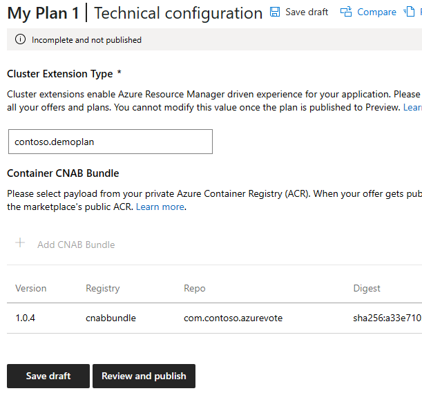 Screenshot che illustra la configurazione tecnica di un piano di esempio, con i dettagli del bundle CNAB del contenitore.