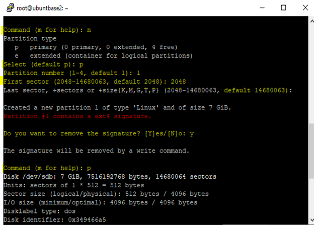 screenshot della riga di comando del client Putty che mostra i comandi e l'output per i dati cancellati.