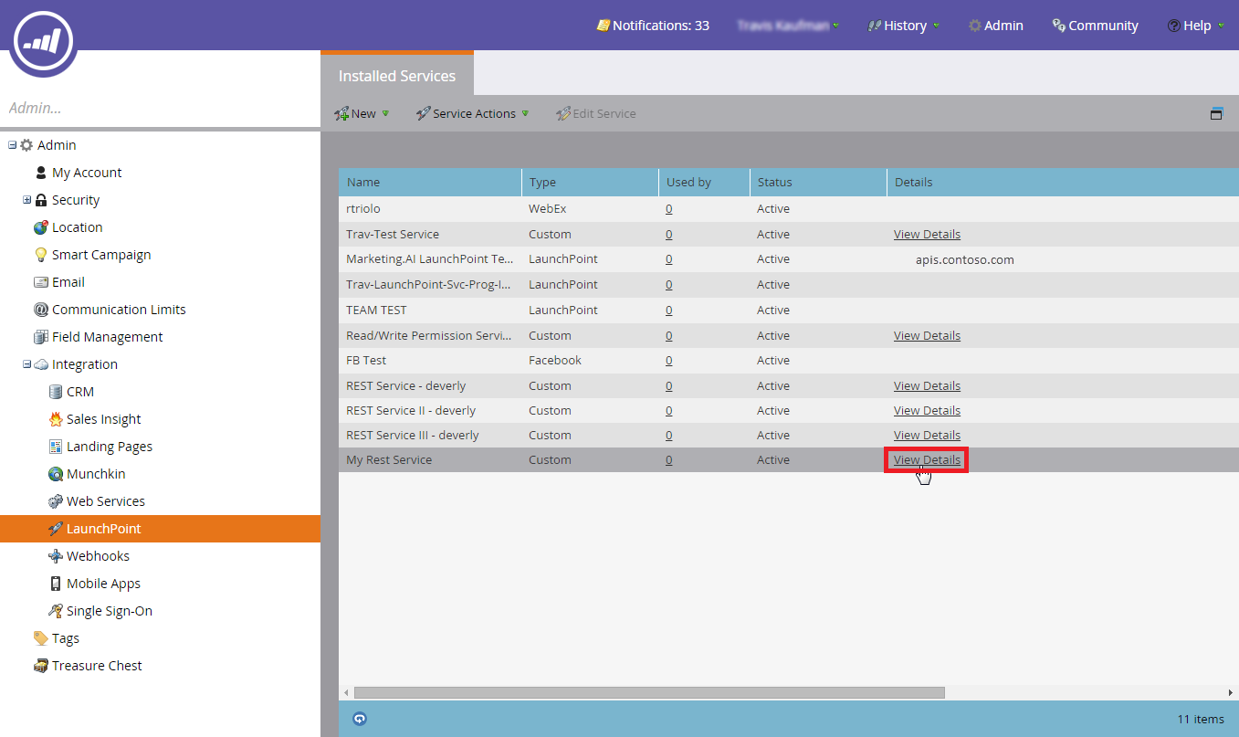 Screenshot che mostra i servizi installati dall'amministratore di Marketo.