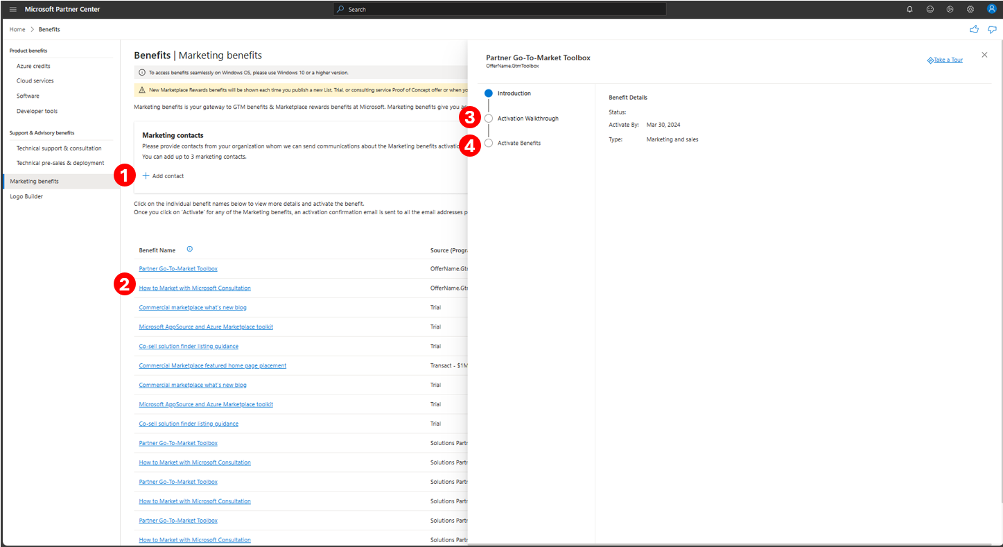 Screenshot che descrive i passaggi da seguire per riscattare i vantaggi di marketing nel Centro per i partner.