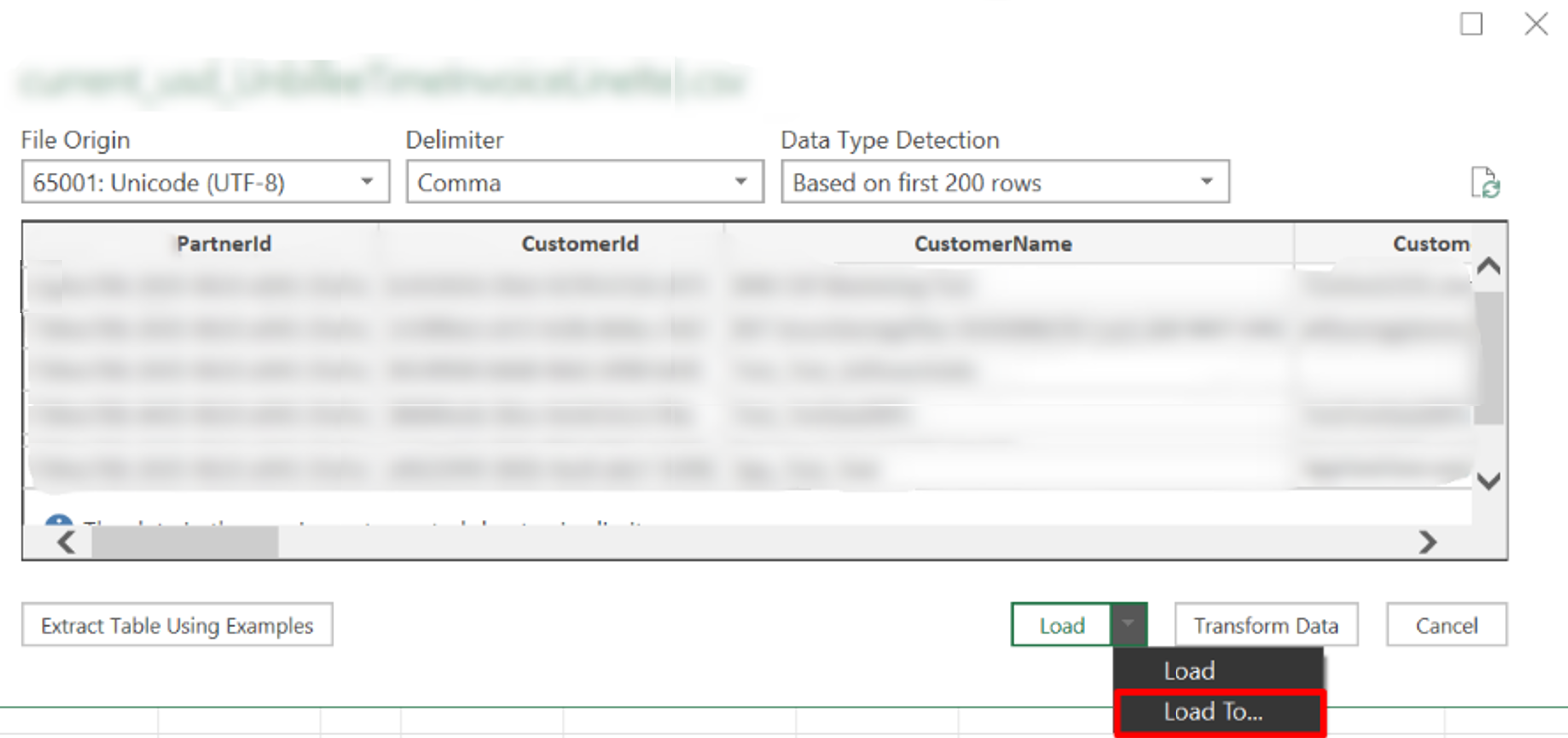 Screenshot della finestra Anteprima file, con l'elenco a discesa accanto a Carica aperto e la selezione Carica in all'interno dell'elenco a discesa selezionato.