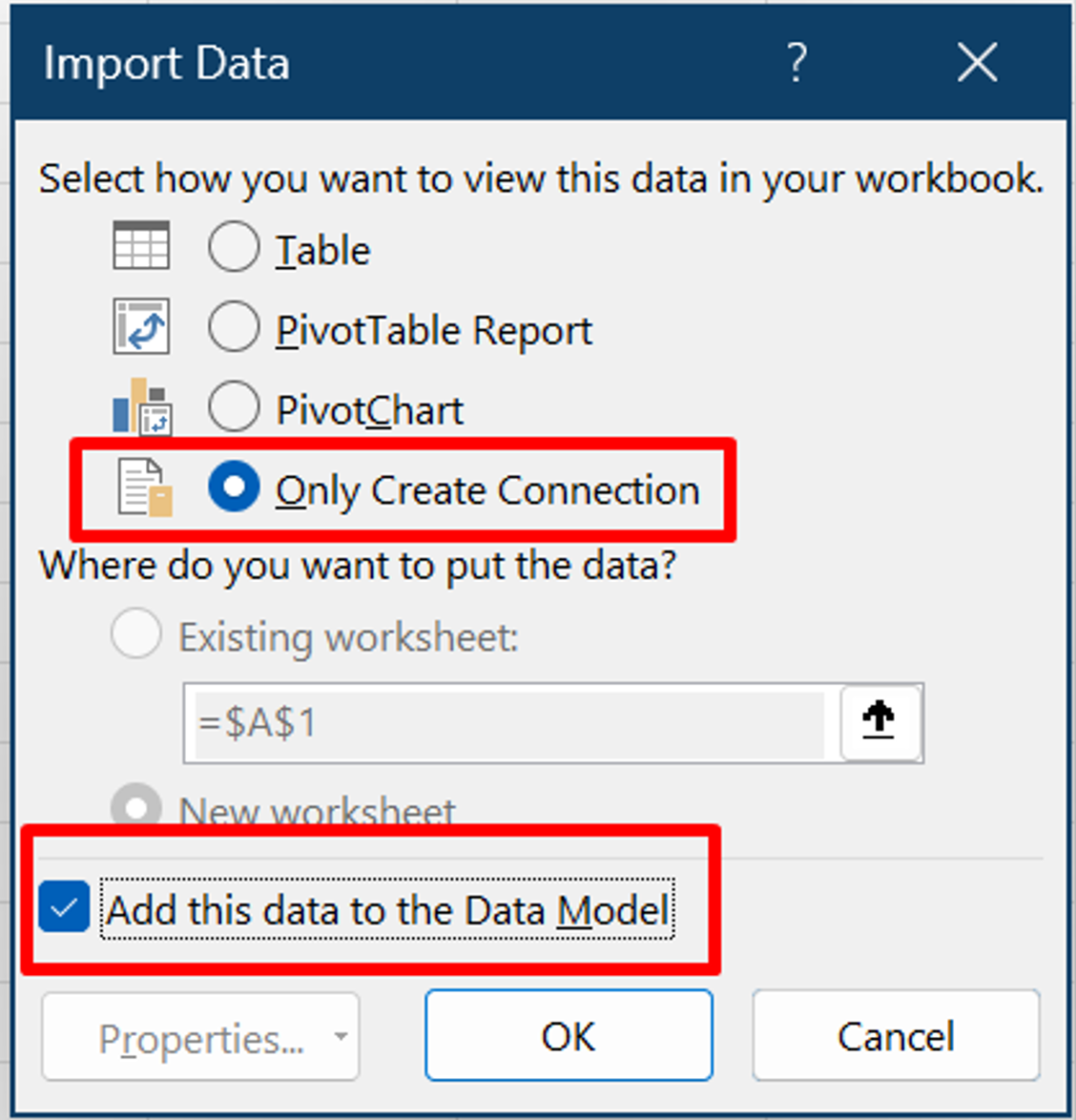 Screenshot della finestra Importa dati con due elementi evidenziati: Solo Crea connessioni e Aggiungi questi dati al modello di dati.