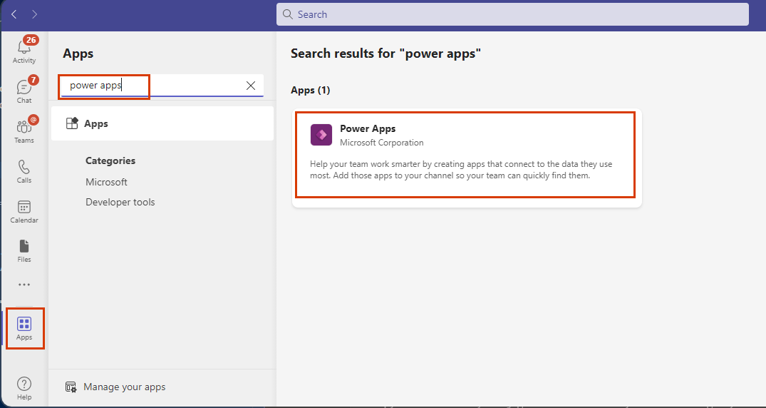 Screenshot della pagina di ricerca dell'app Teams, con l'app Power Apps evidenziata.