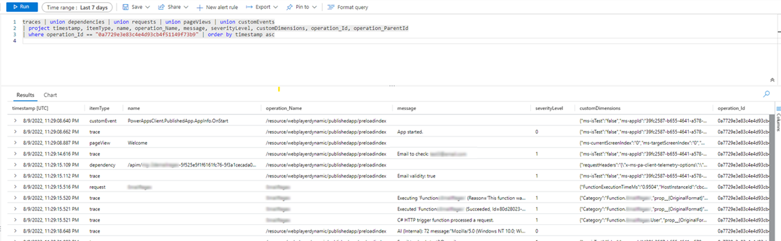 Esempio di output per la query di esempio precedente.