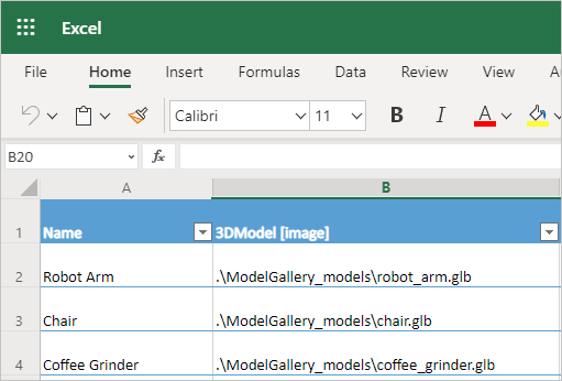 {Screenshot di una tabella Excel con le colonne per il nome di un modello 3D e il percorso del file oggetto.}