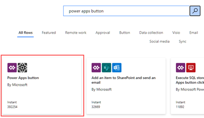 Screenshot della pagina del modello Power Automate, con il modello di pulsante Power Apps selezionato.