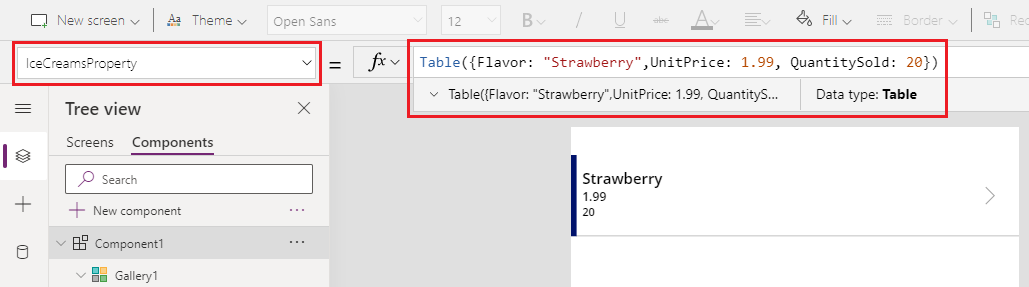 Personalizzare la formula della proprietà di input definita come tabella e valori di esempio.