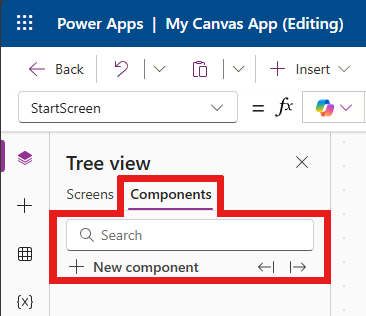 Screeshot che mostra la scheda Componenti del riquadro Visualizzazione ad albero.