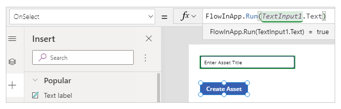 Screenshot che mostra la formula della proprietà OnSelect per un pulsante sulla tela.