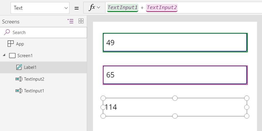 Calcolo della somma di due numeri in Power Apps.