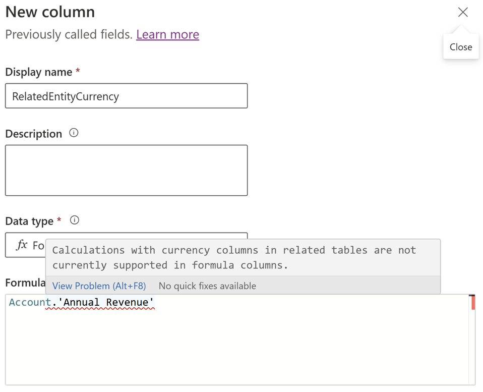 Colonna formula con formula non supportata di Account.Annual Revenue