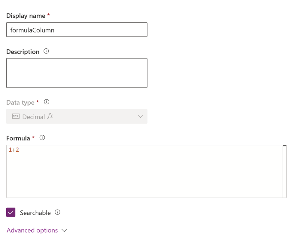 Esempio di colonna di formula semplice per una colonna di rollup