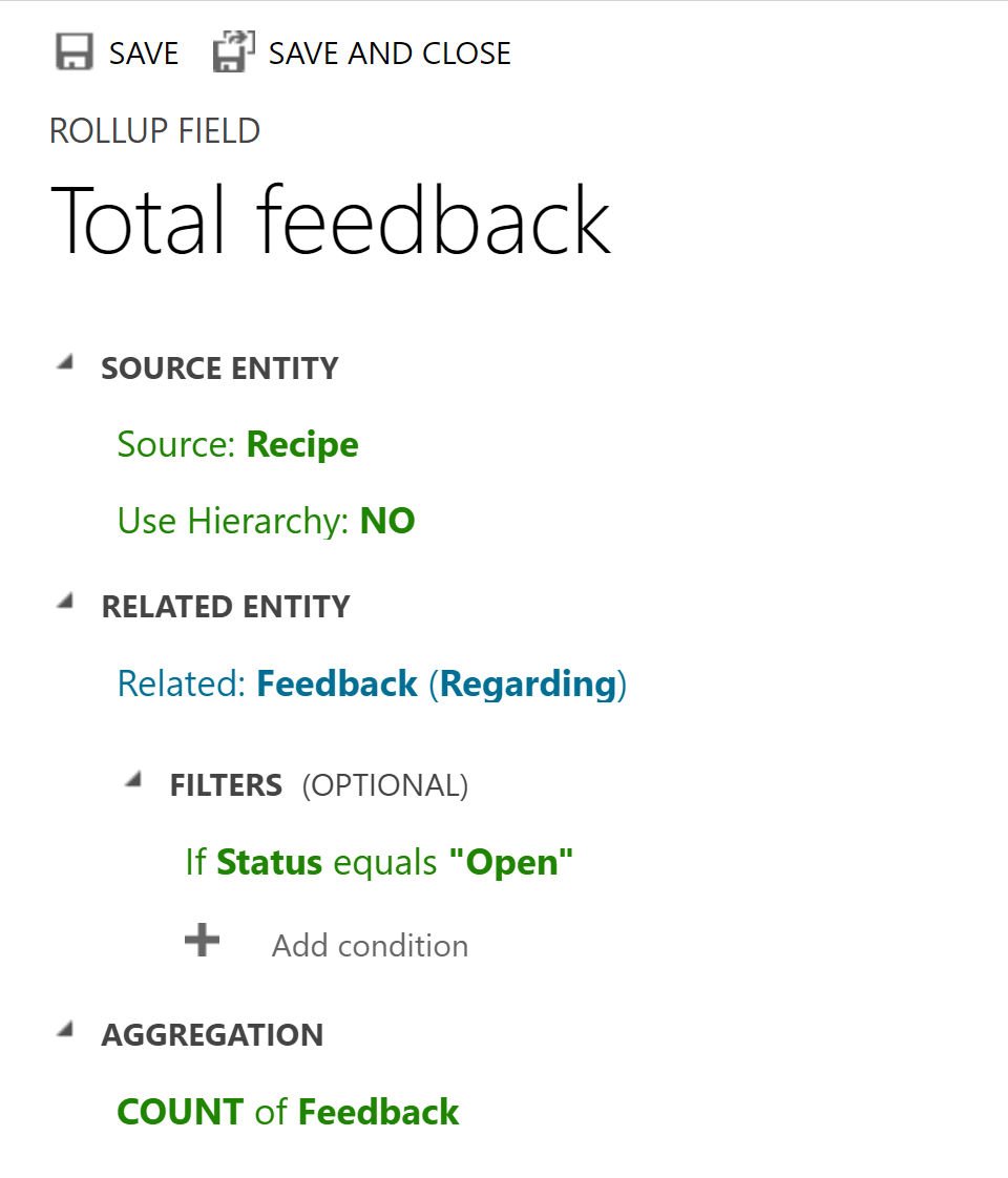 Colonna di rollup che mostra il conteggio totale di feedback