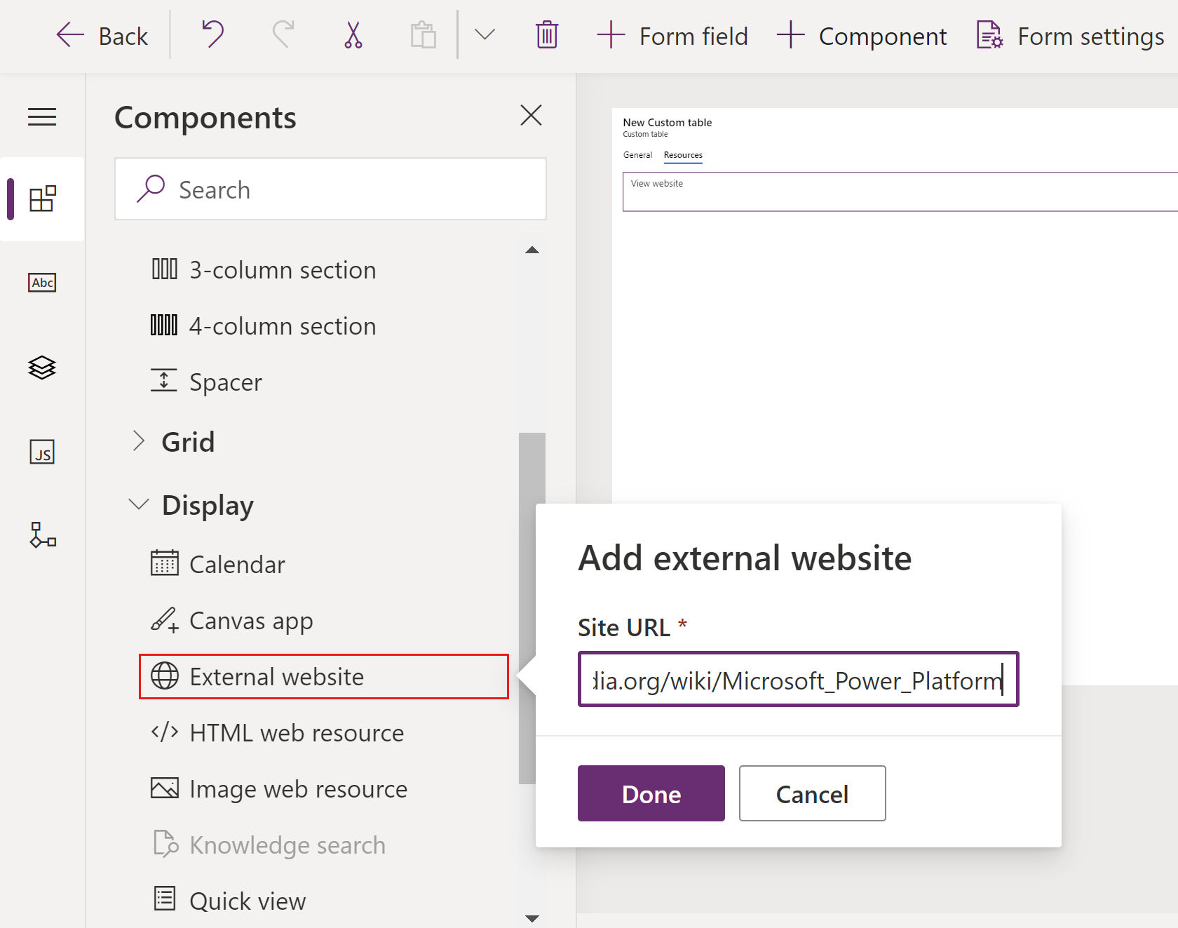 Aggiungi un sito web esterno a un modulo principale selezionando Sito web esterno.