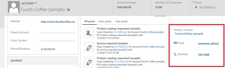 Modulo di visualizzazione rapida dei contatti sul modulo account.