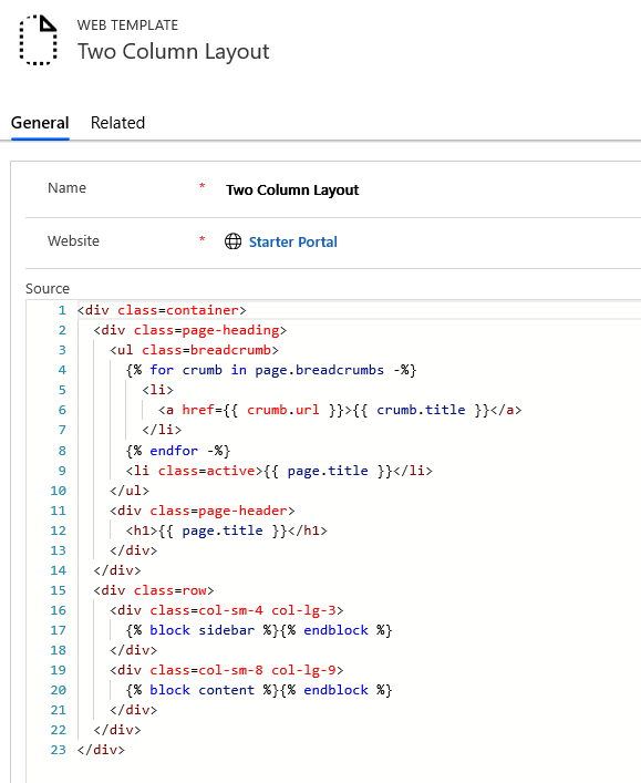 Layout a una colonna del modello Web.