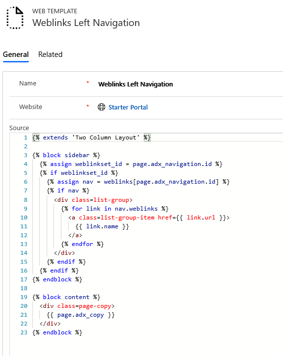 Layout spostamento a sinistra con collegamenti Web del modello Web.