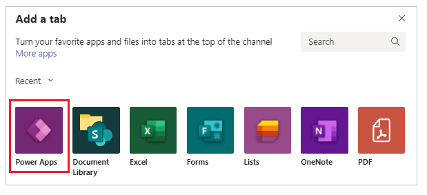Aggiungi la scheda PowerApps.