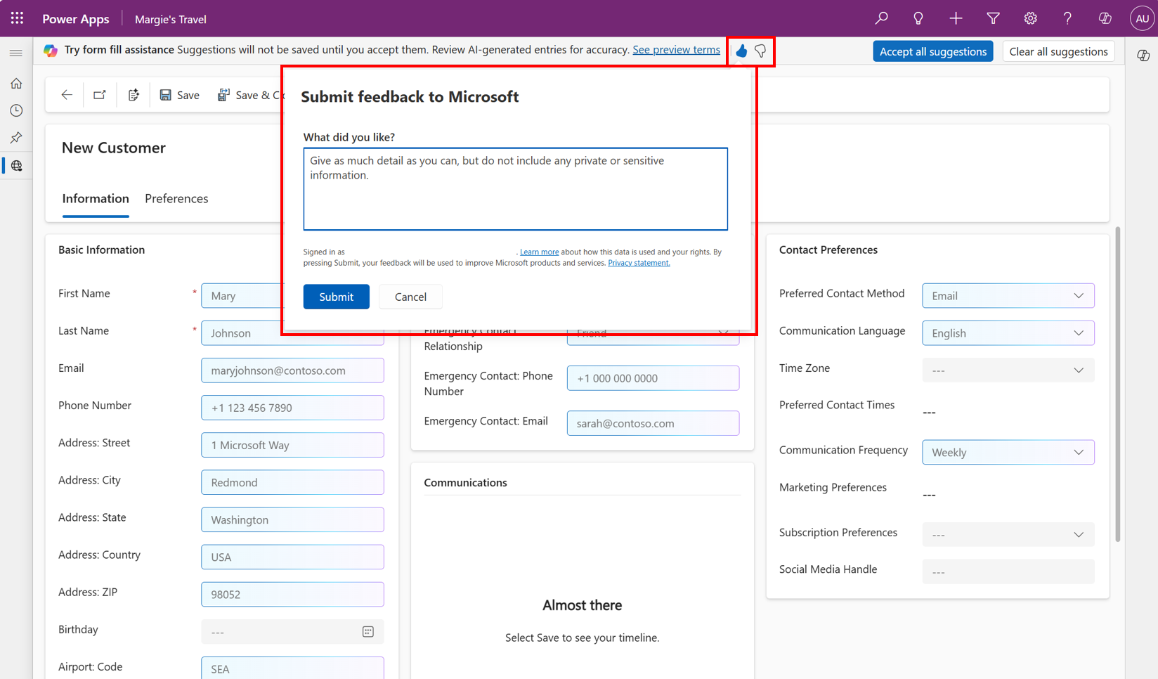 Screenshot che mostra il sondaggio di feedback per la funzionalità di compilazione del modulo.