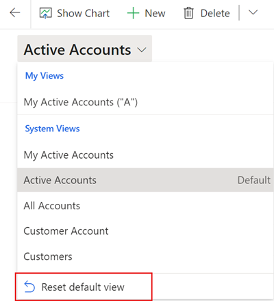 Screenshot del selettore di visualizzazioni in una pagina della griglia che mostra l'opzione per reimpostare la visualizzazione impostata dall'amministratore come visualizzazione predefinita.