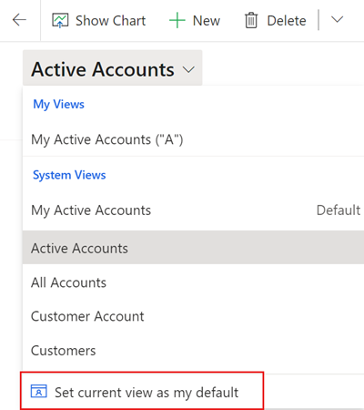 Screenshot del selettore di visualizzazioni in una pagina della griglia che mostra l'opzione per impostare una nuova visualizzazione predefinita.