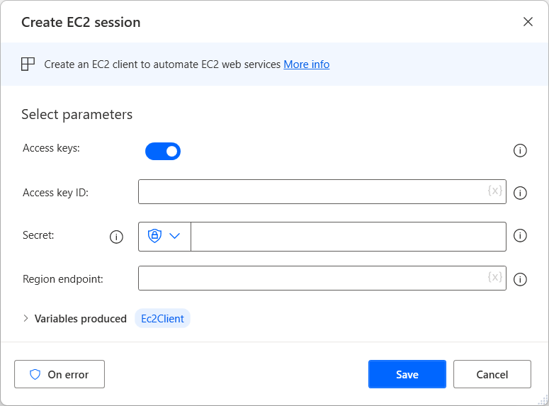 Screenshot dell'azione Crea sessione con l'opzione Chiavi di accesso abilitata.