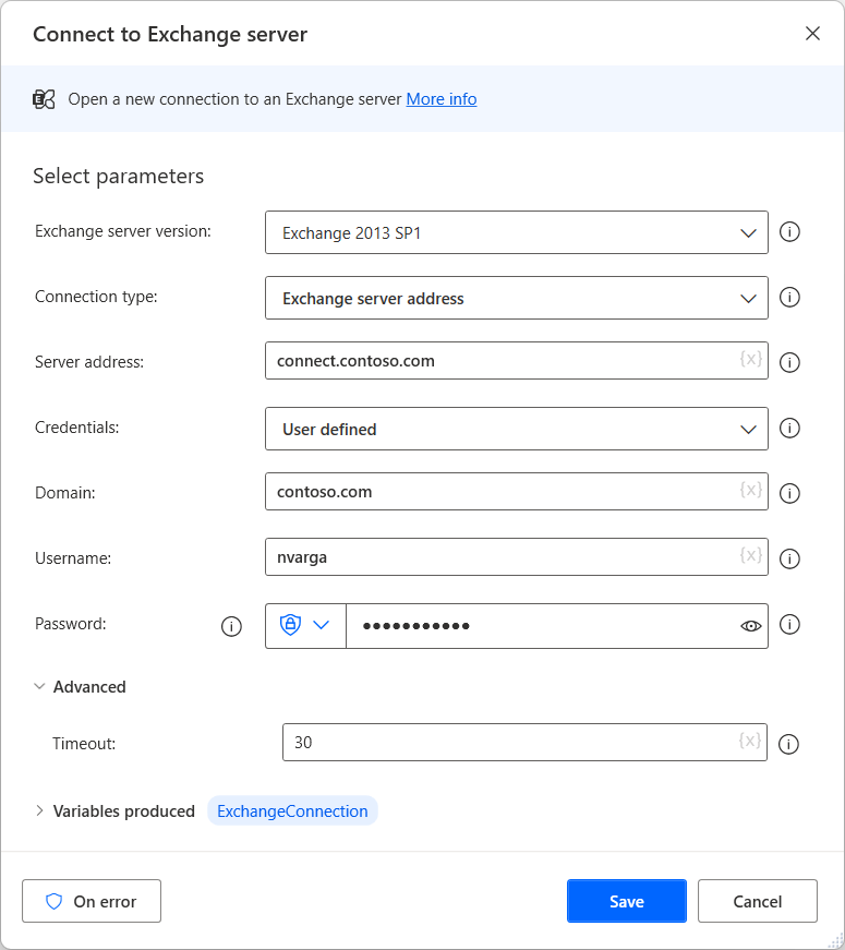 Screenshot dell'azione Connettiti a Exchange Server.