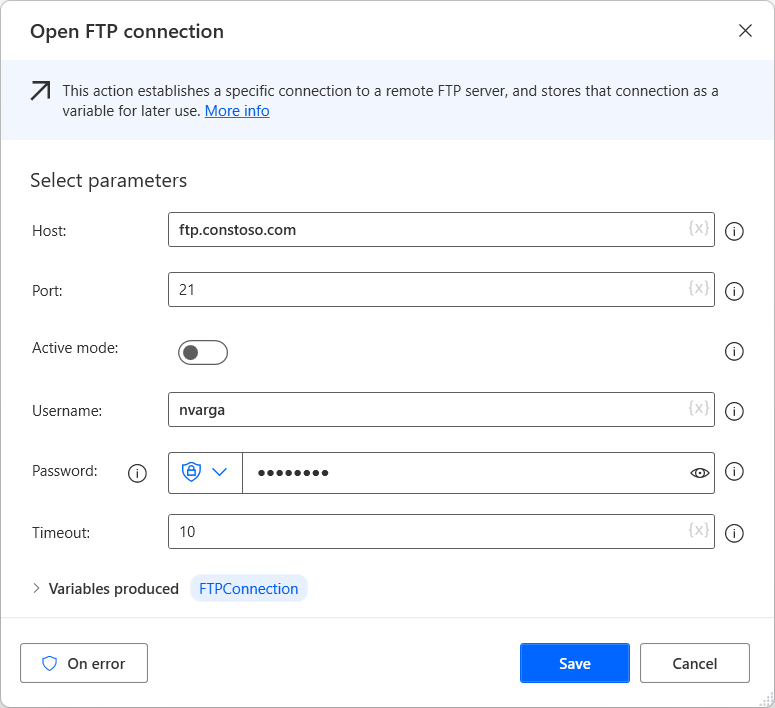 Screenshot dell'azione Apri connessione FTP.