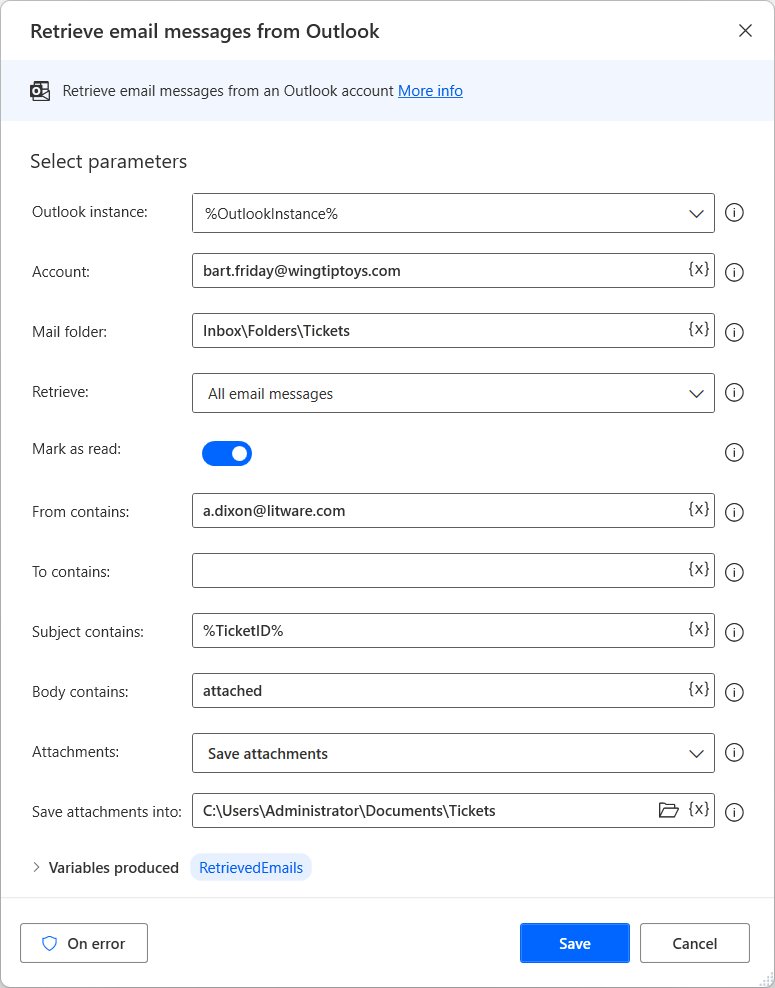 Screenshot dell'azione Recupera e-mail Outlook.