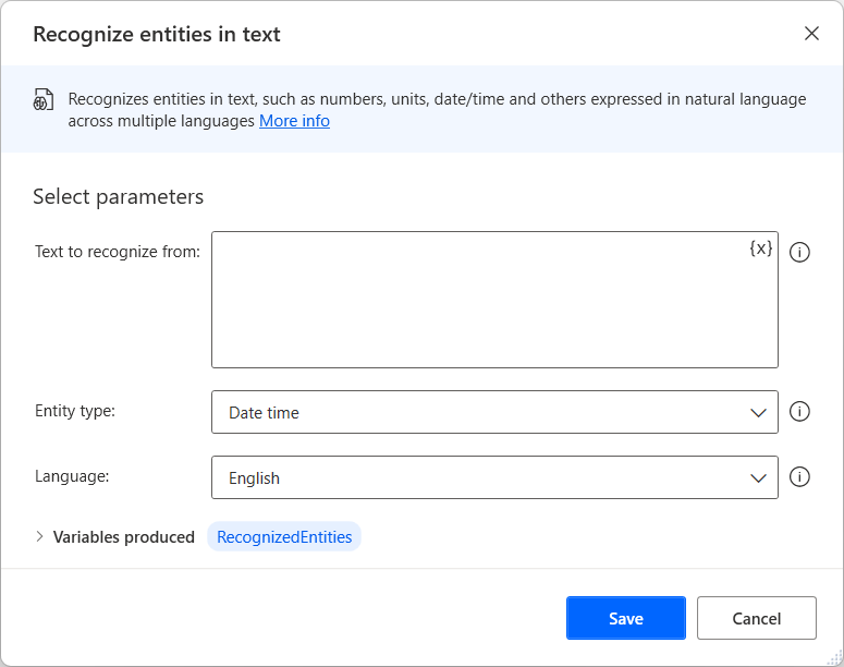 Screenshot dell'azione Riconosci entità nel testo