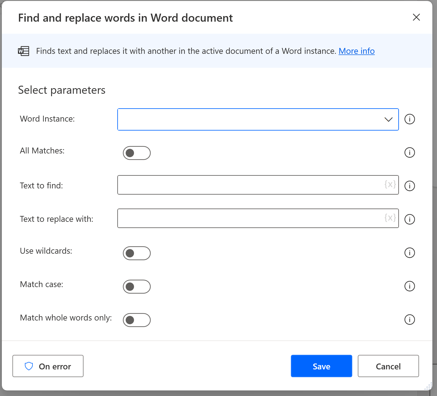 Screenshot dell'azione per trovare un testo e sostituirlo in un'istanza di Word