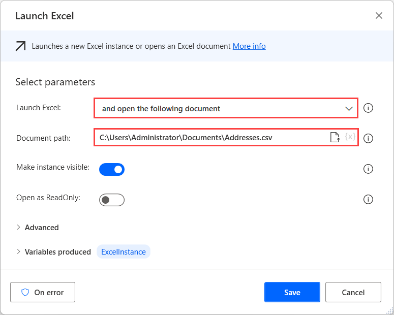 Screenshot dell'azione Avvia Excel configurata per aprire un file CSV.