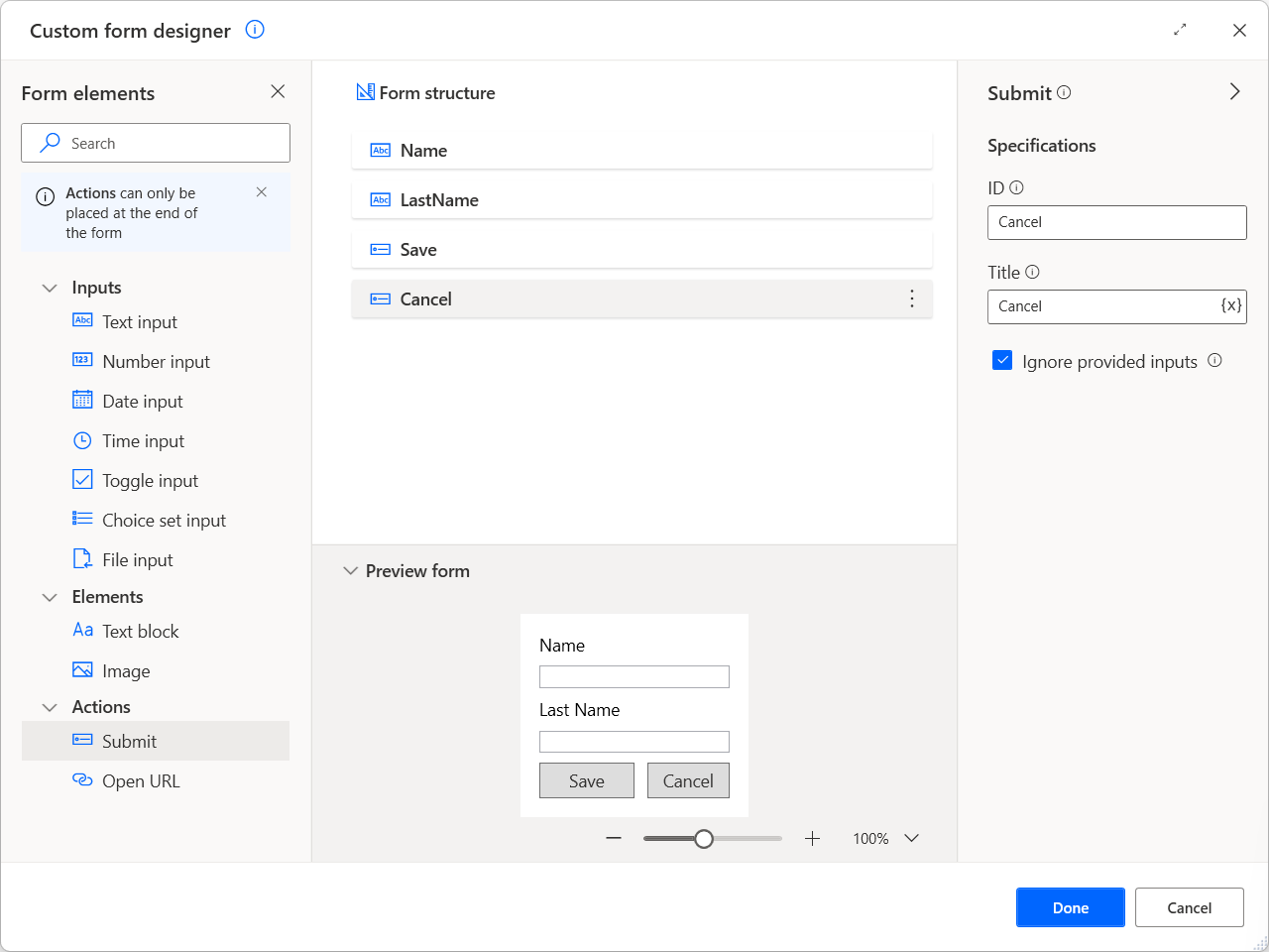 Screenshot degli elementi aggiunti in Progettazione modulo personalizzato.